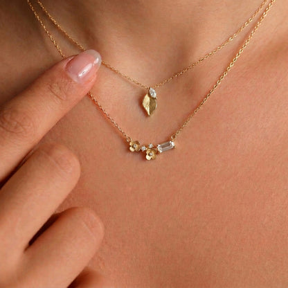 14K Gold Diamond Flowers Necklace