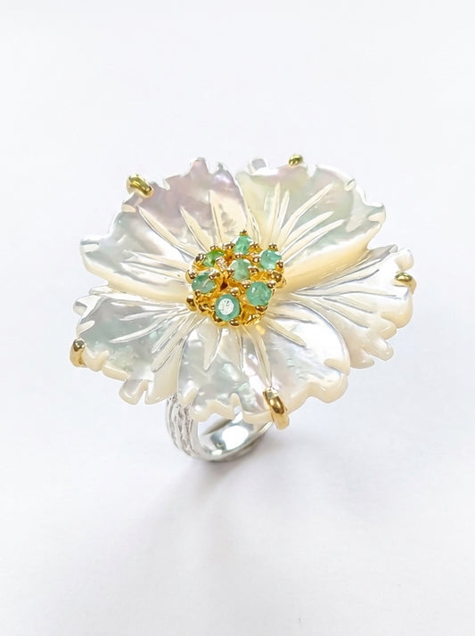 925 silver mother of pearl flower ring