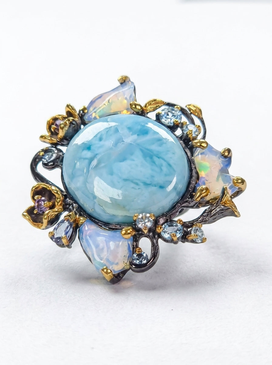 925 silver larimar opal statement ring