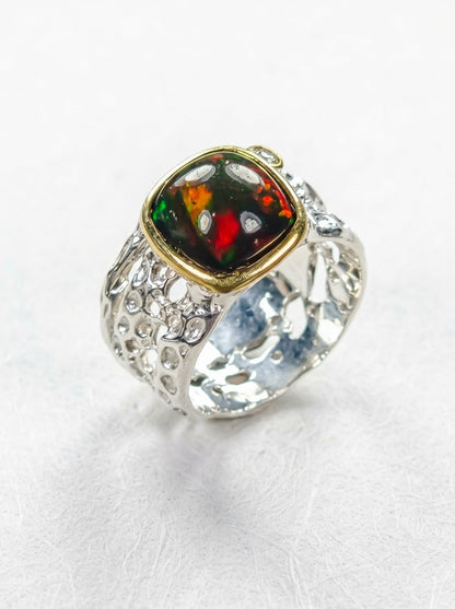 925 Silver Square Black Opal Ring