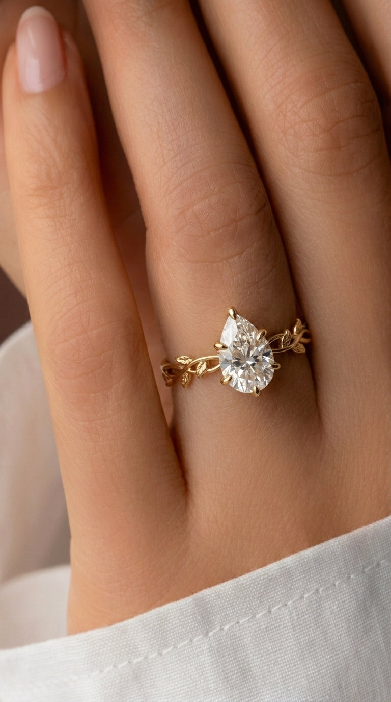 14K Gold Pear Diamond Nature Ring