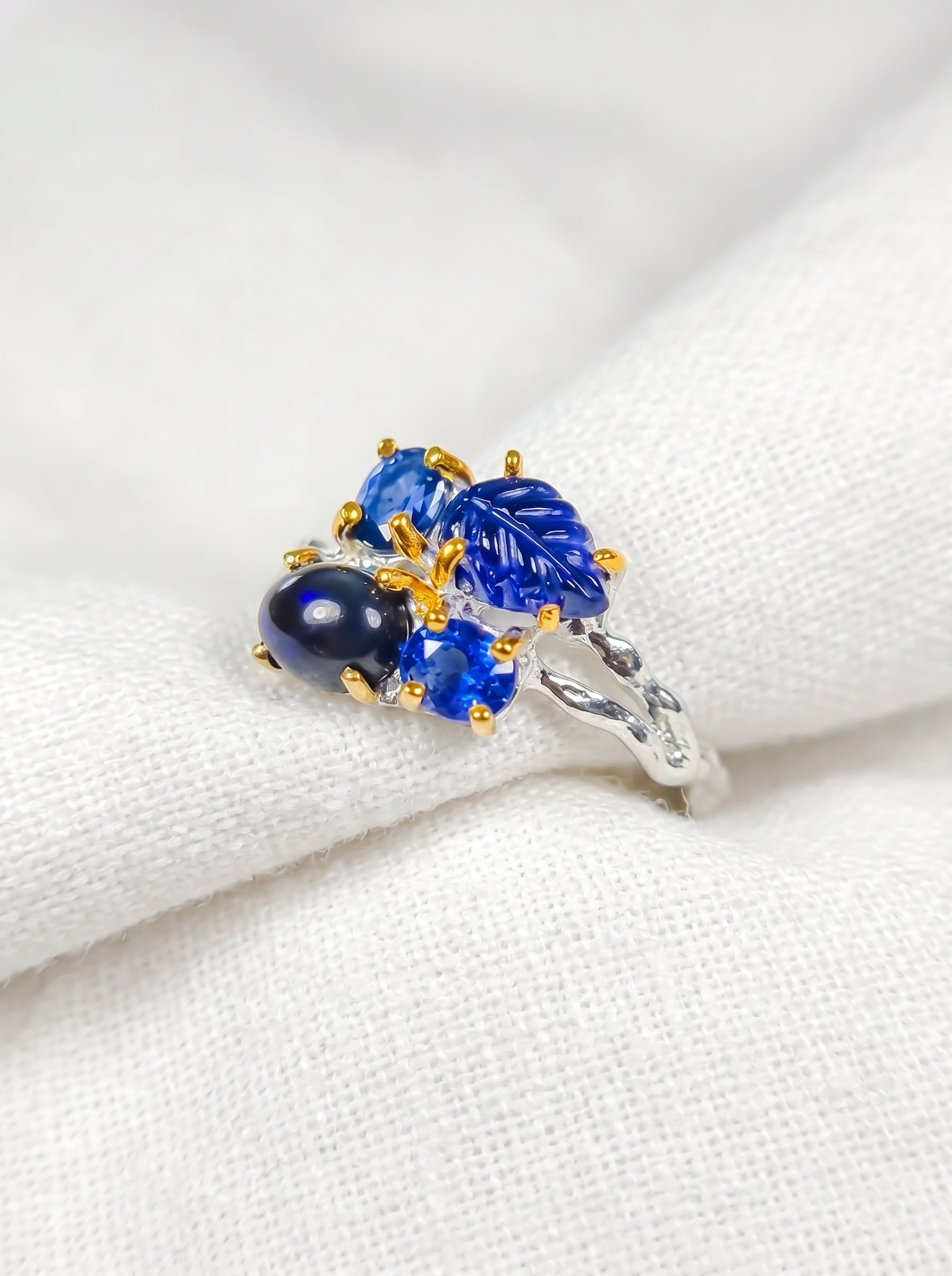 925 Sterling Silver Sapphire Leaf Ring, worn on hand