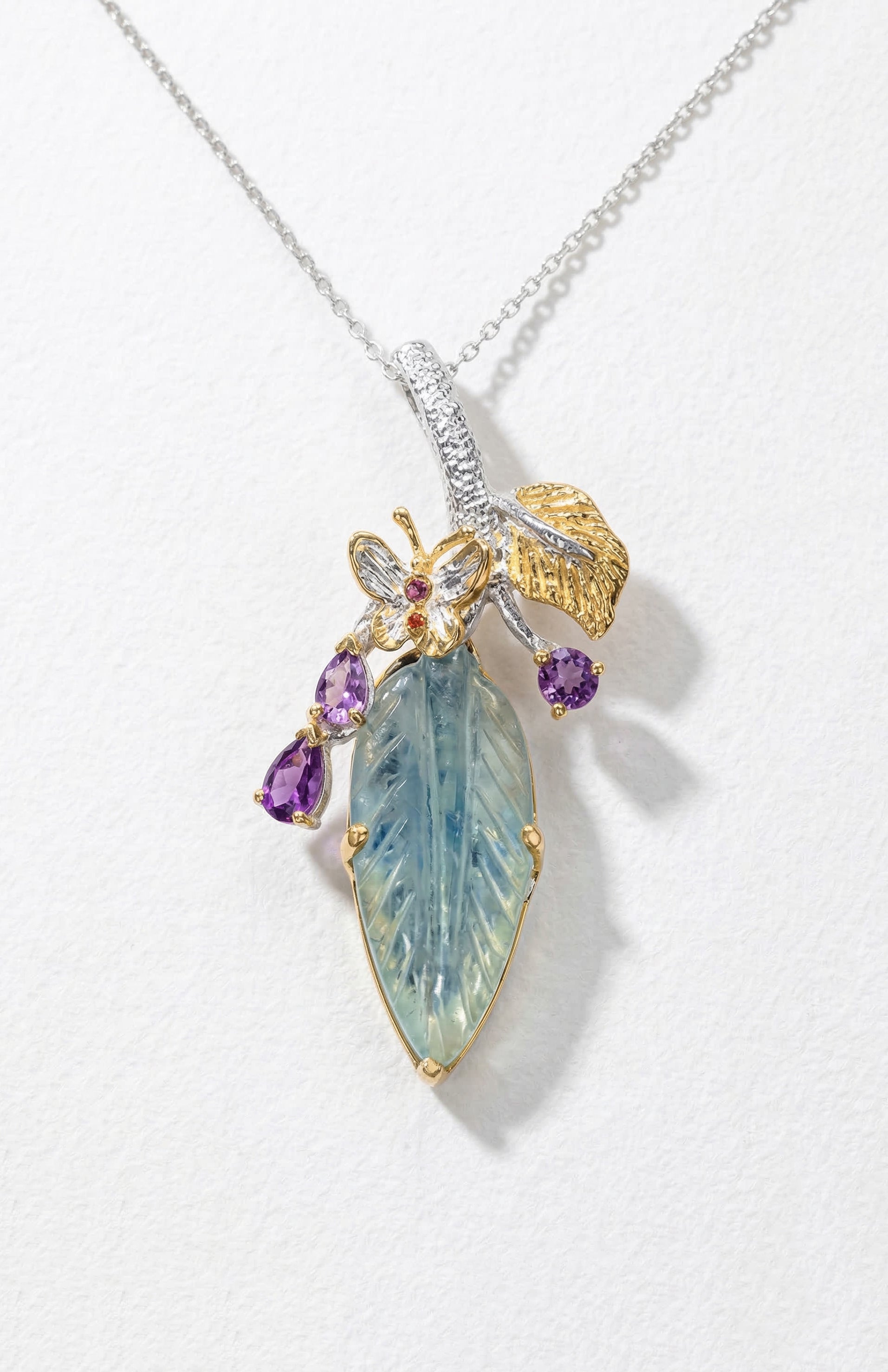925 silver aquamarine carved leaf necklace, main product image