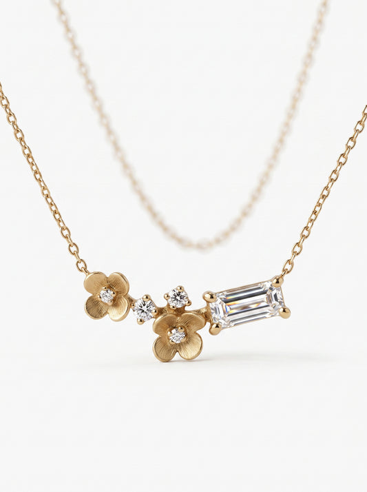 14K Gold Diamond Flowers Necklace