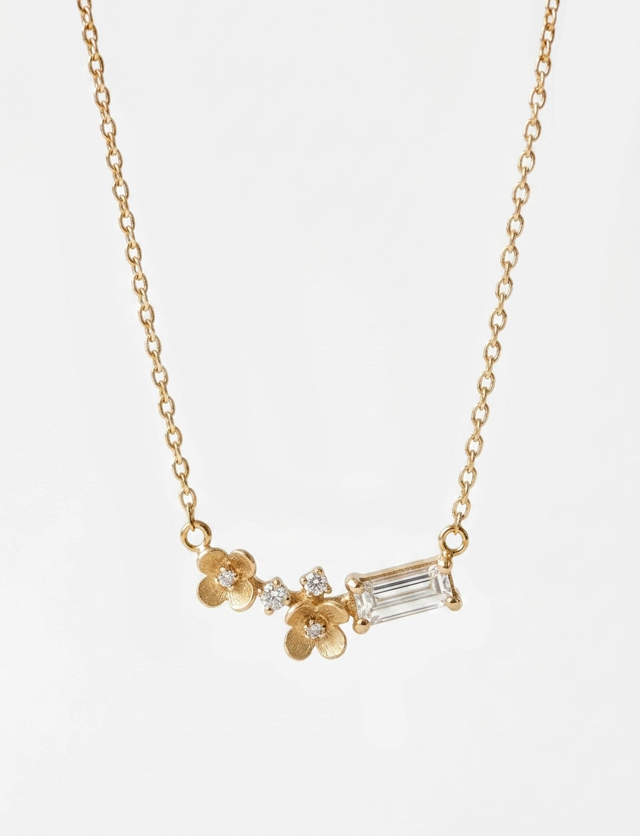 14K Gold Diamond Flowers Necklace