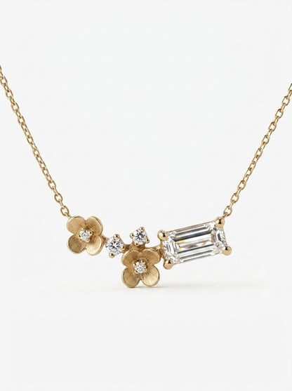14K Gold Diamond Flowers Necklace