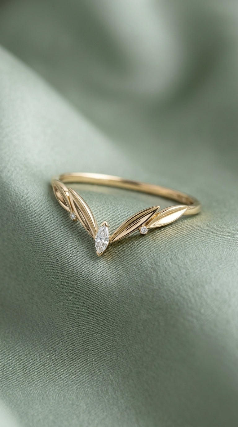 14K Gold Leaf Marquise Wedding Band