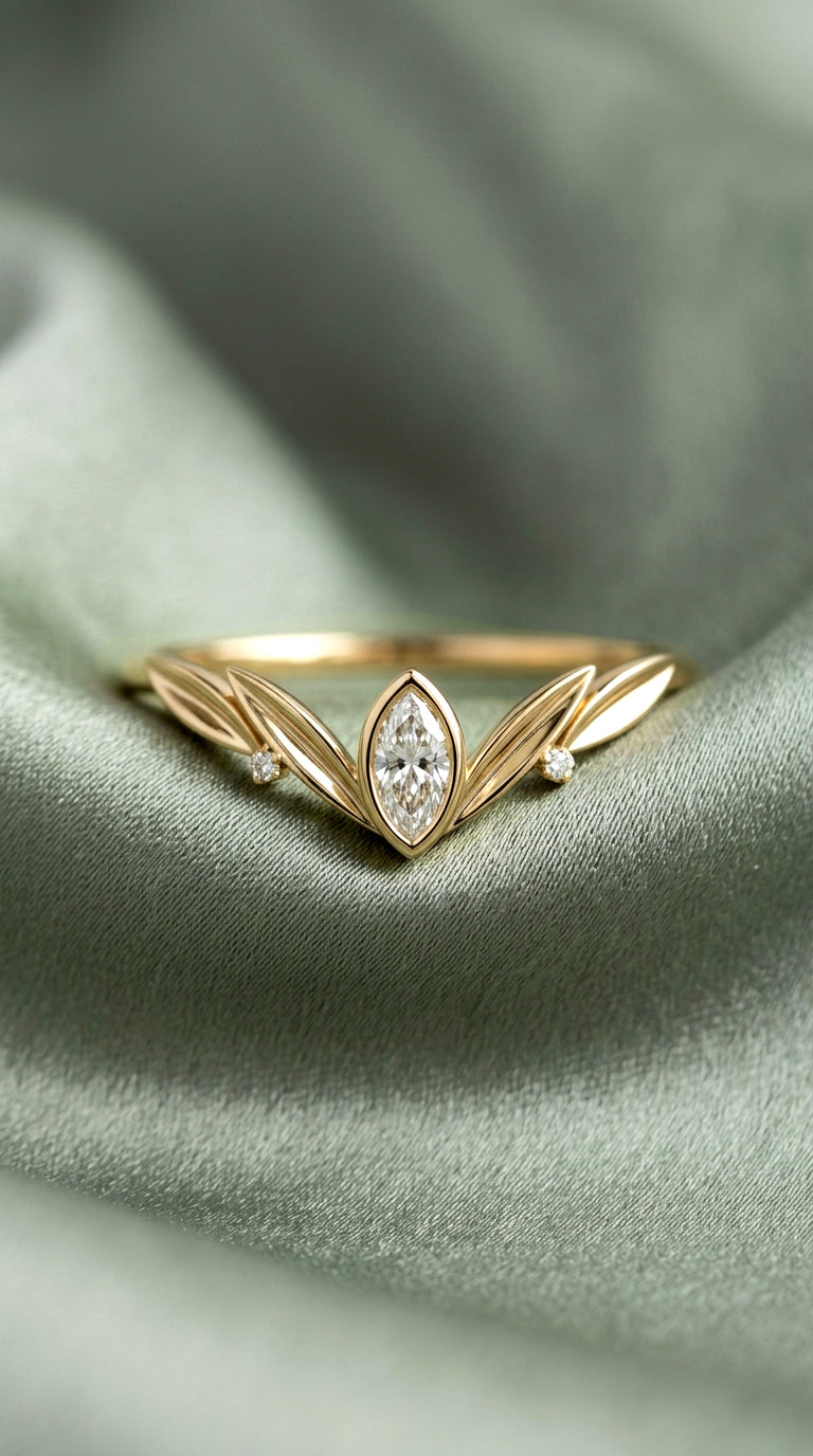 14K Gold Marquise Diamond Leaf Ring
