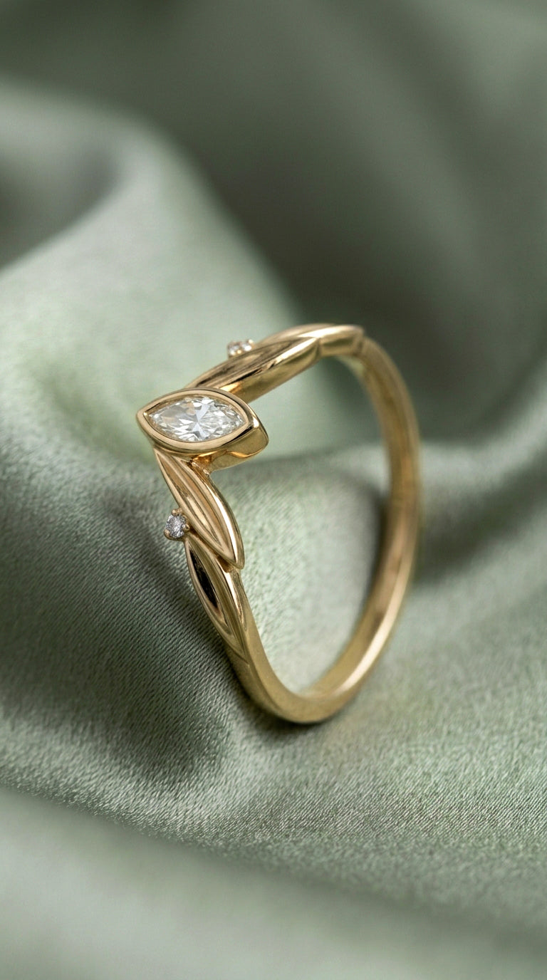 14K Gold Marquise Diamond Leaf Ring