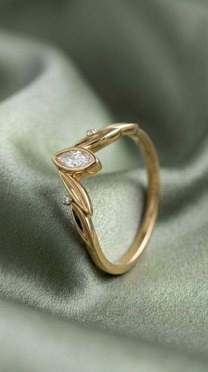 14K Gold Marquise Diamond Leaf Ring
