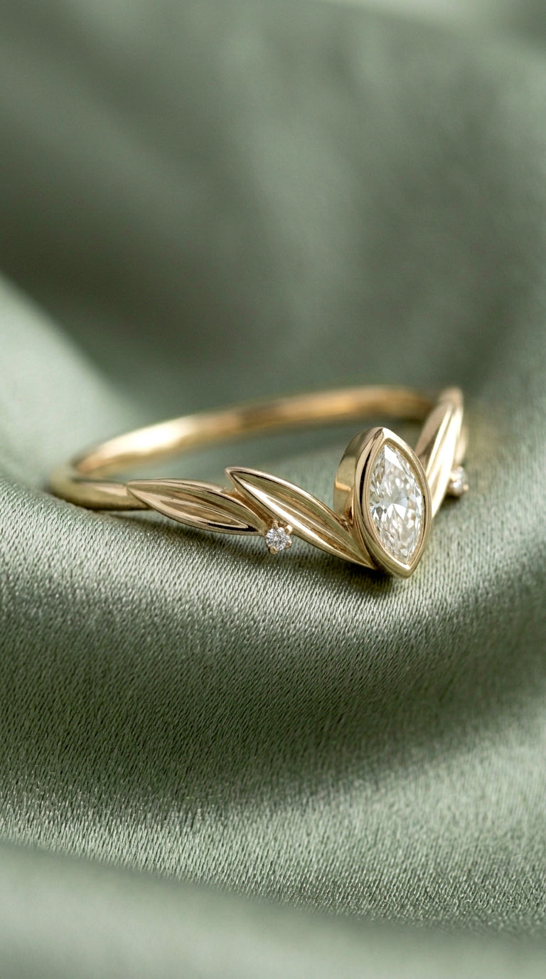 14K Gold Marquise Diamond Leaf Ring