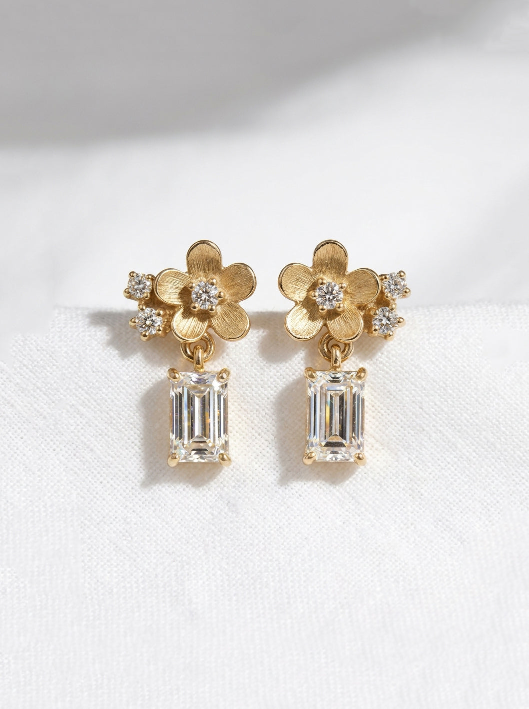 14K Gold Diamond Flower Drop Earrings