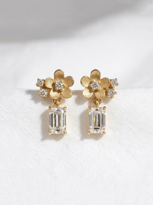 14K Gold Diamond Flower Drop Earrings