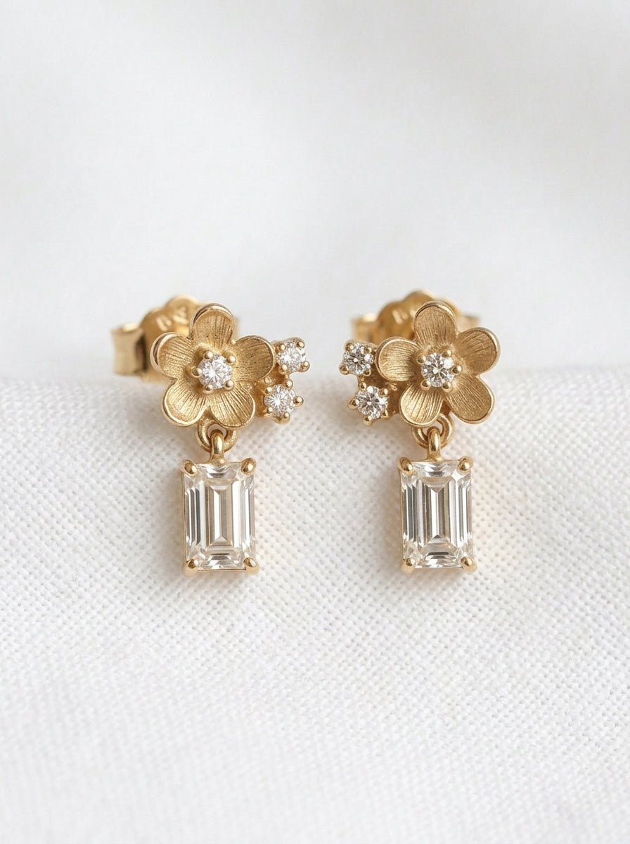 14K Gold Diamond Flower Drop Earrings