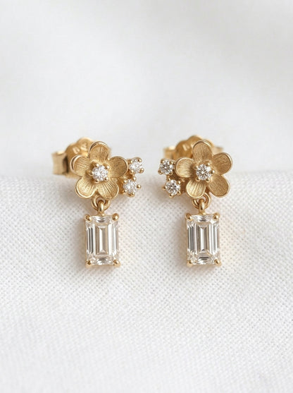 14K Gold Diamond Flower Drop Earrings
