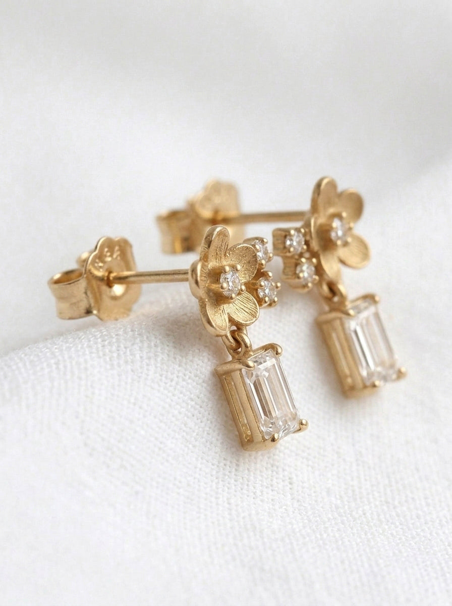 14K Gold Diamond Flower Drop Earrings