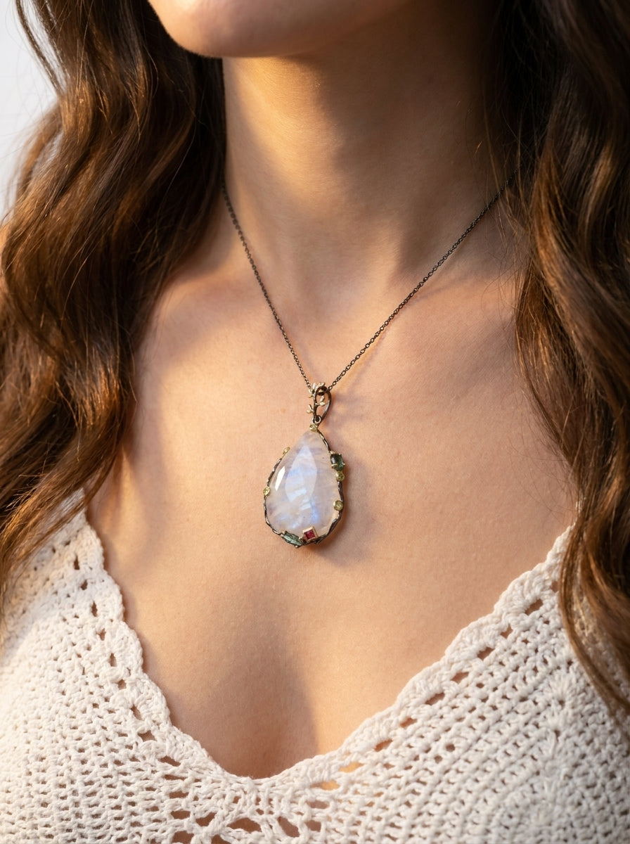 925 Silver Moonstone Leaves Necklace
