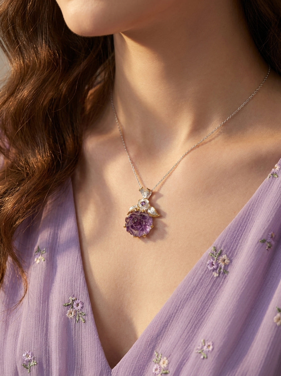 925 silver carved amethyst flower necklace