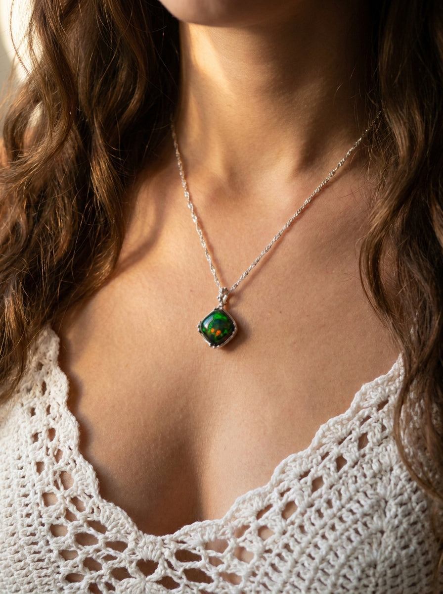 925 silver square black opal necklace