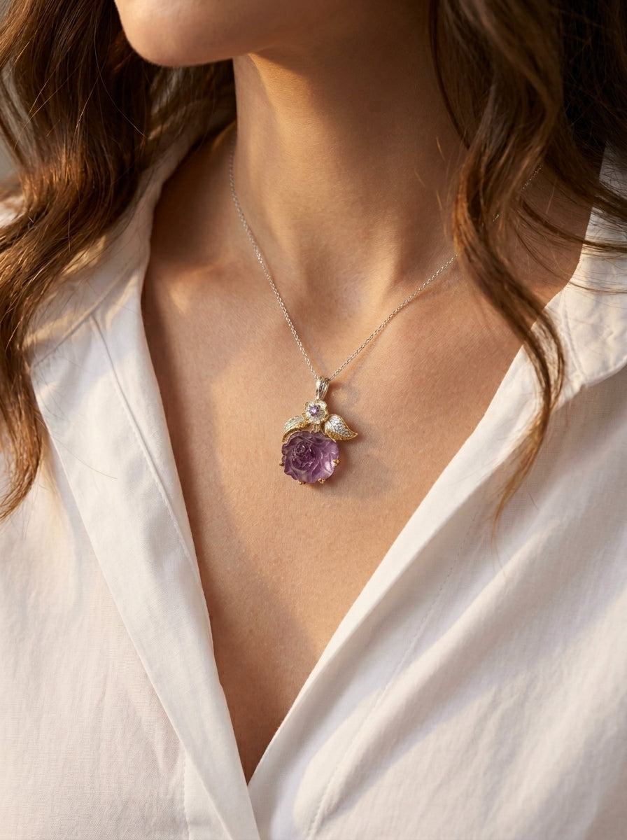 925 silver carved amethyst flower necklace
