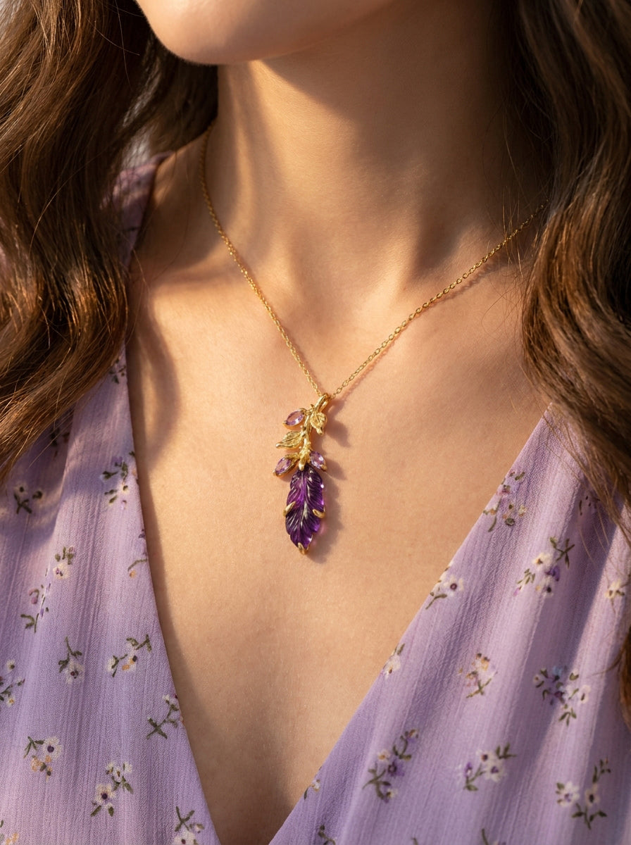 925 silver carved amethyst leaf necklace
