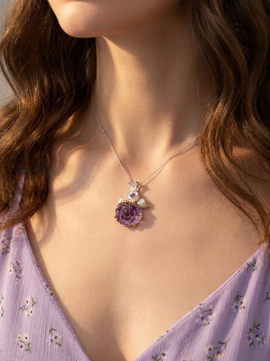 925 silver carved amethyst flower necklace
