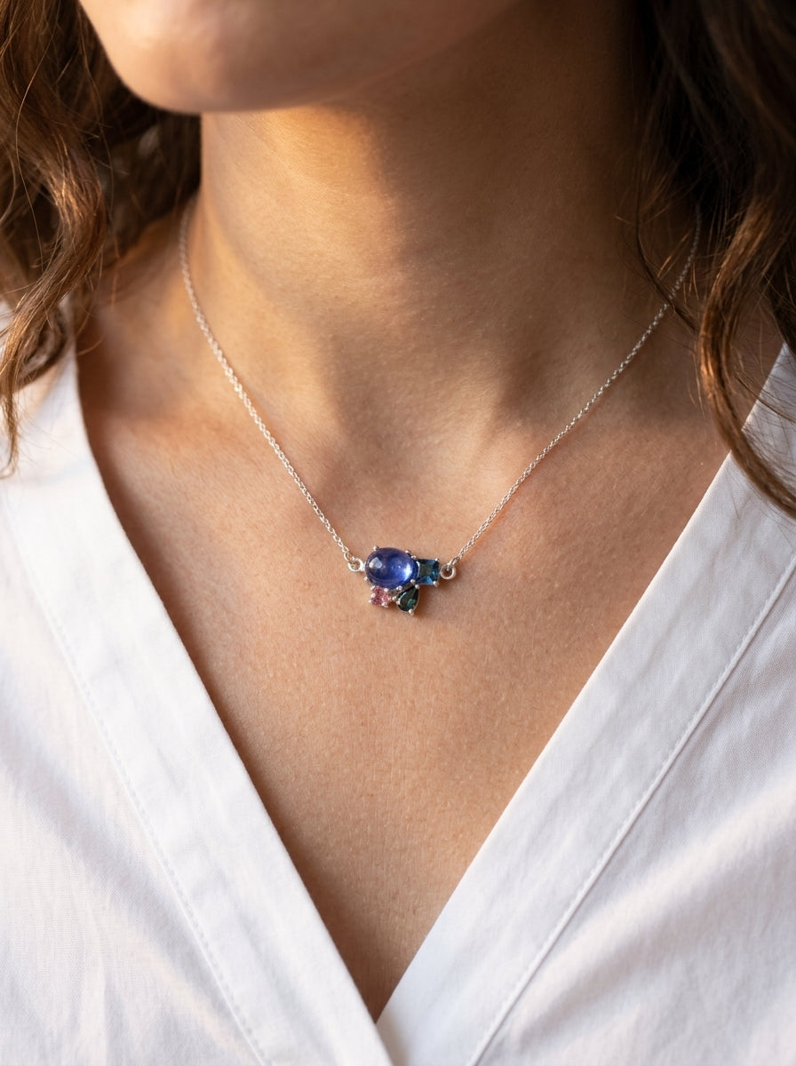 925 silver blue sapphire cluster necklace