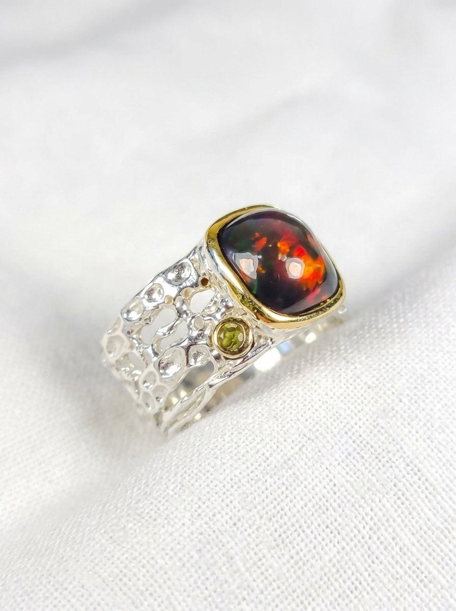 925 Silver Square Black Opal Ring