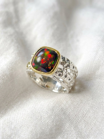 925 Silver Square Black Opal Ring