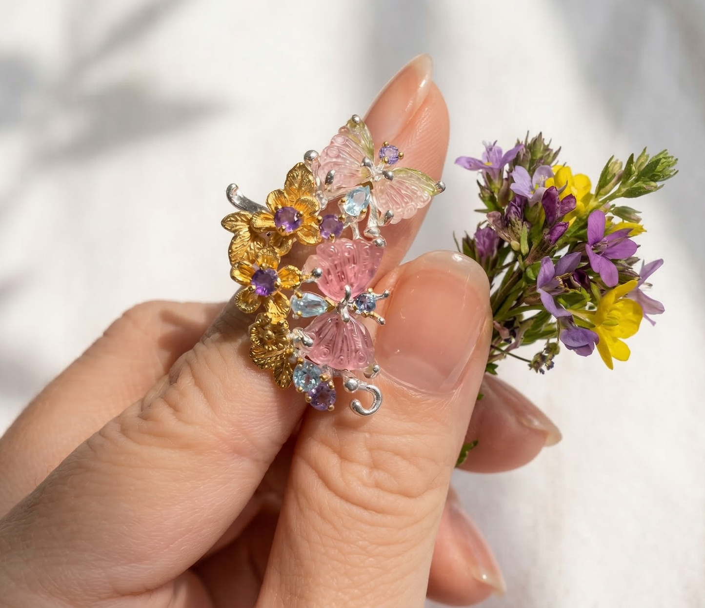 925 Sterling Silver Tourmaline Butterfly Ring, close-up detail