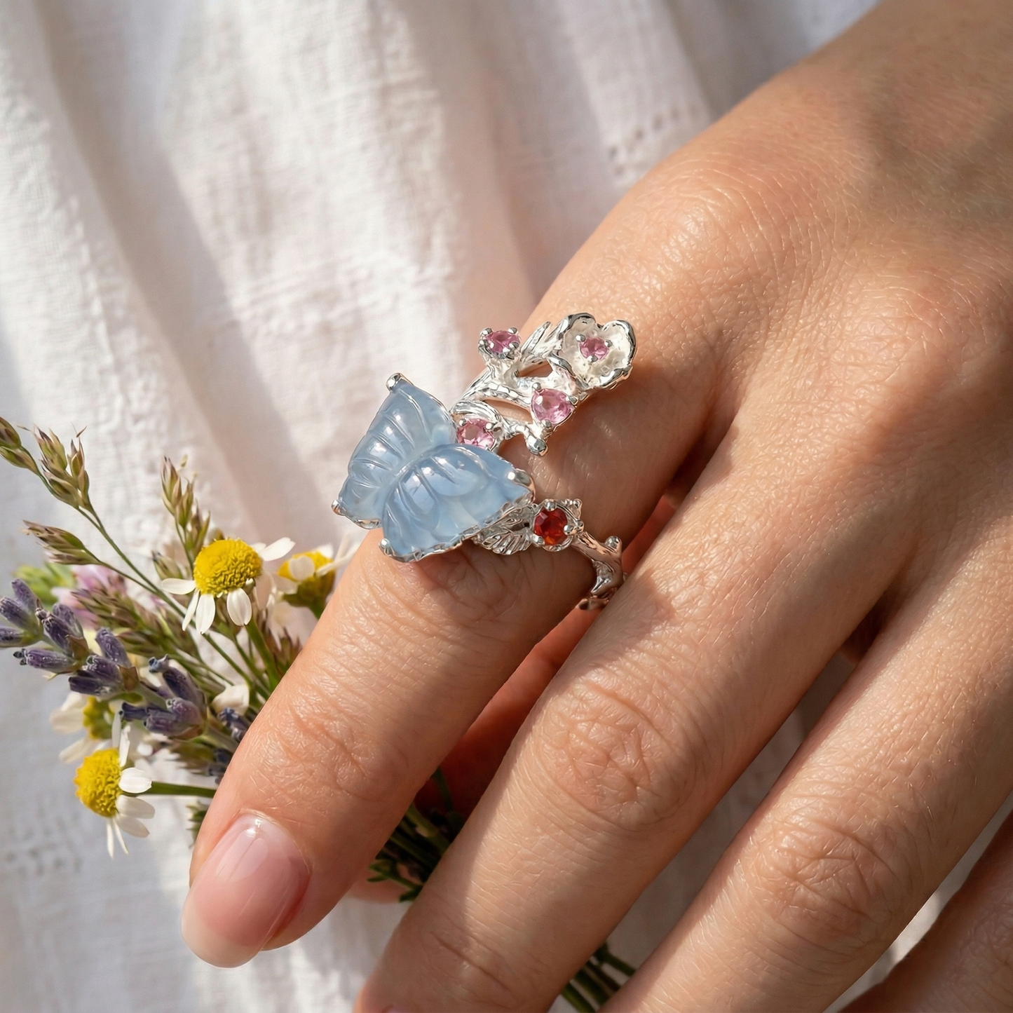 925 Sterling Silver Aquamarine Butterfly Ring, setting detail
