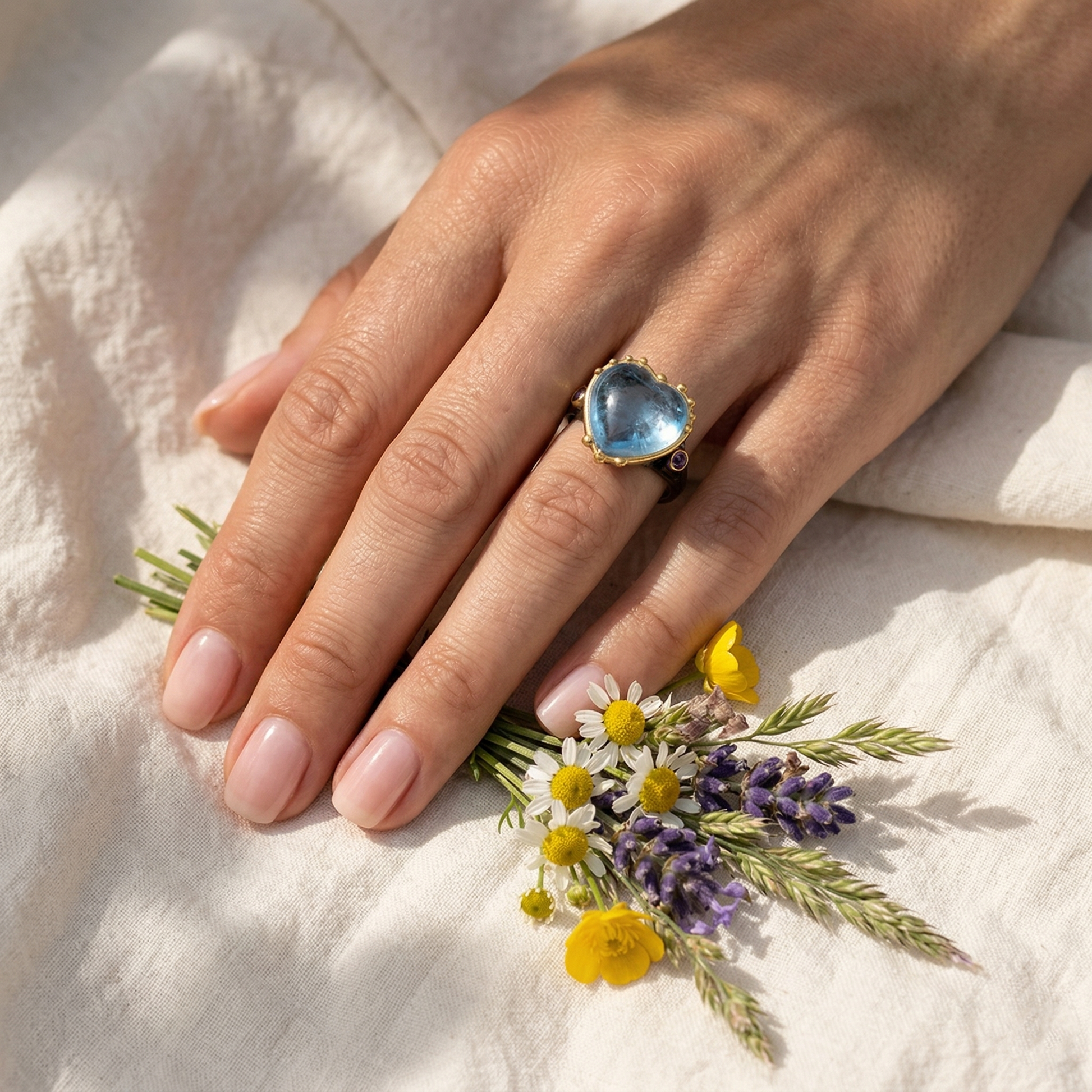 925 Sterling Silver Blue Heart Aquamarine Ring, close-up detail