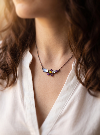 925 sterling silver cluster moonstone necklace, additional angle