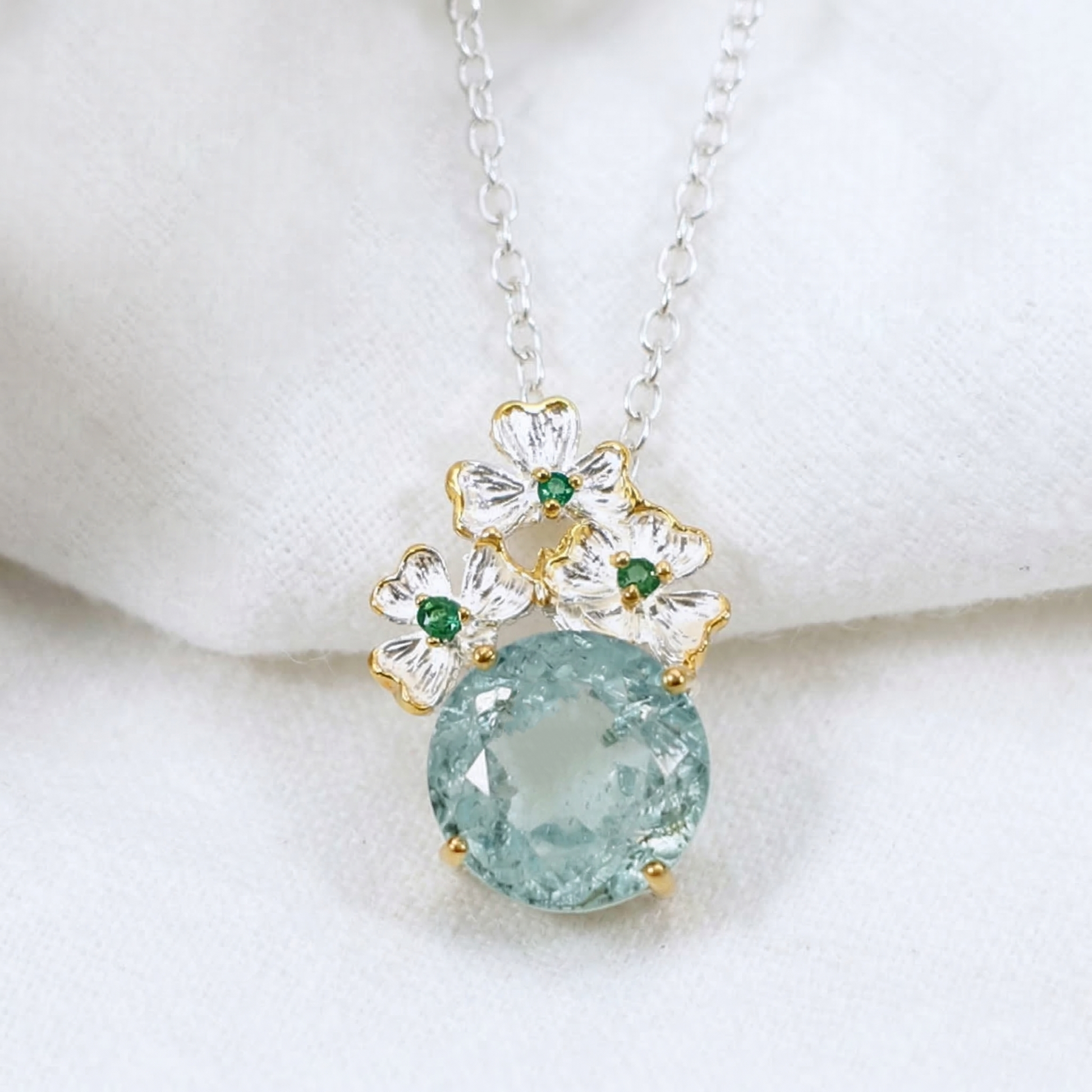 925 silver aquamarine romantic flower necklace, layered look