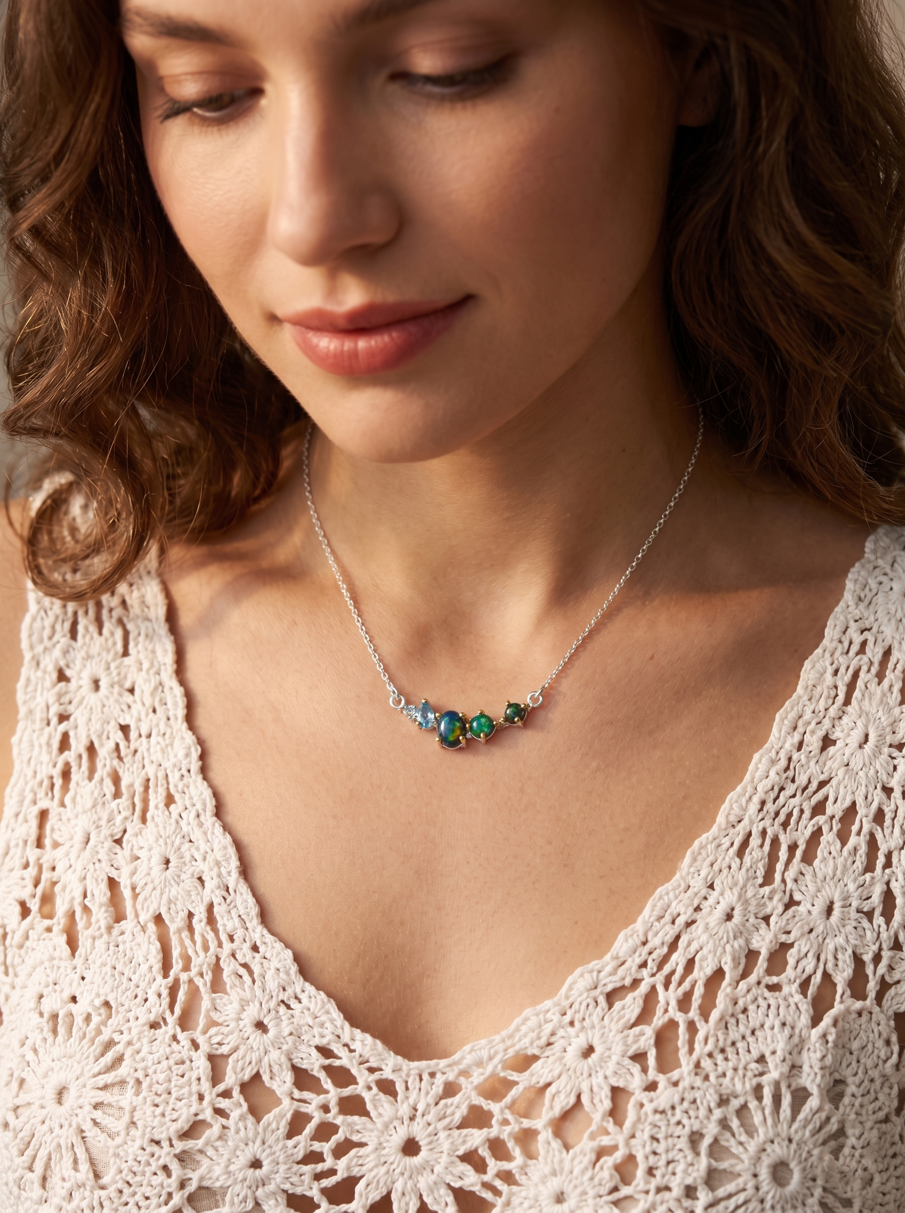 925 sterling silver cluster black opal necklace, pendant detail