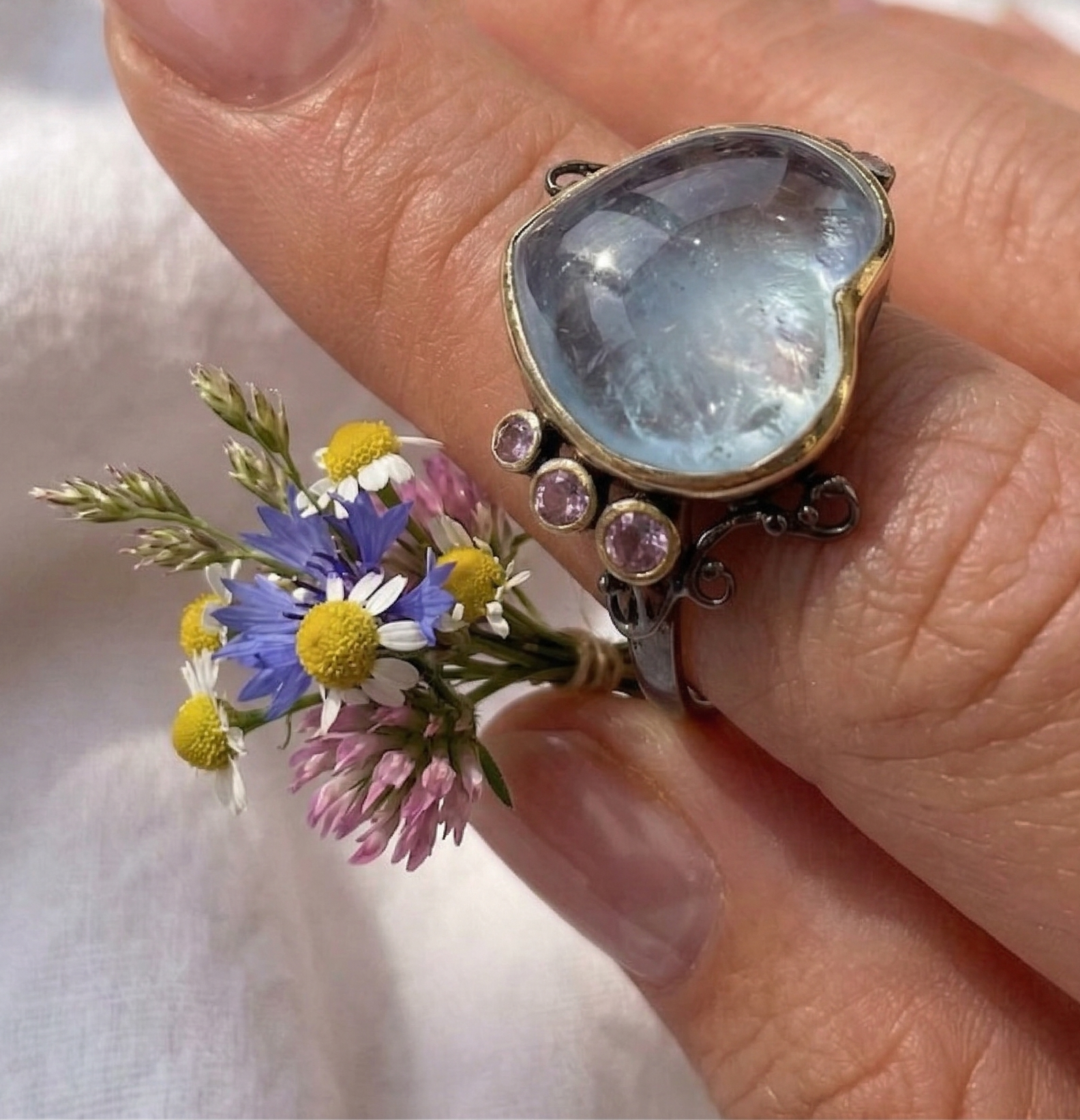 925 Sterling Silver Blue Aquamarine Ring, worn on hand
