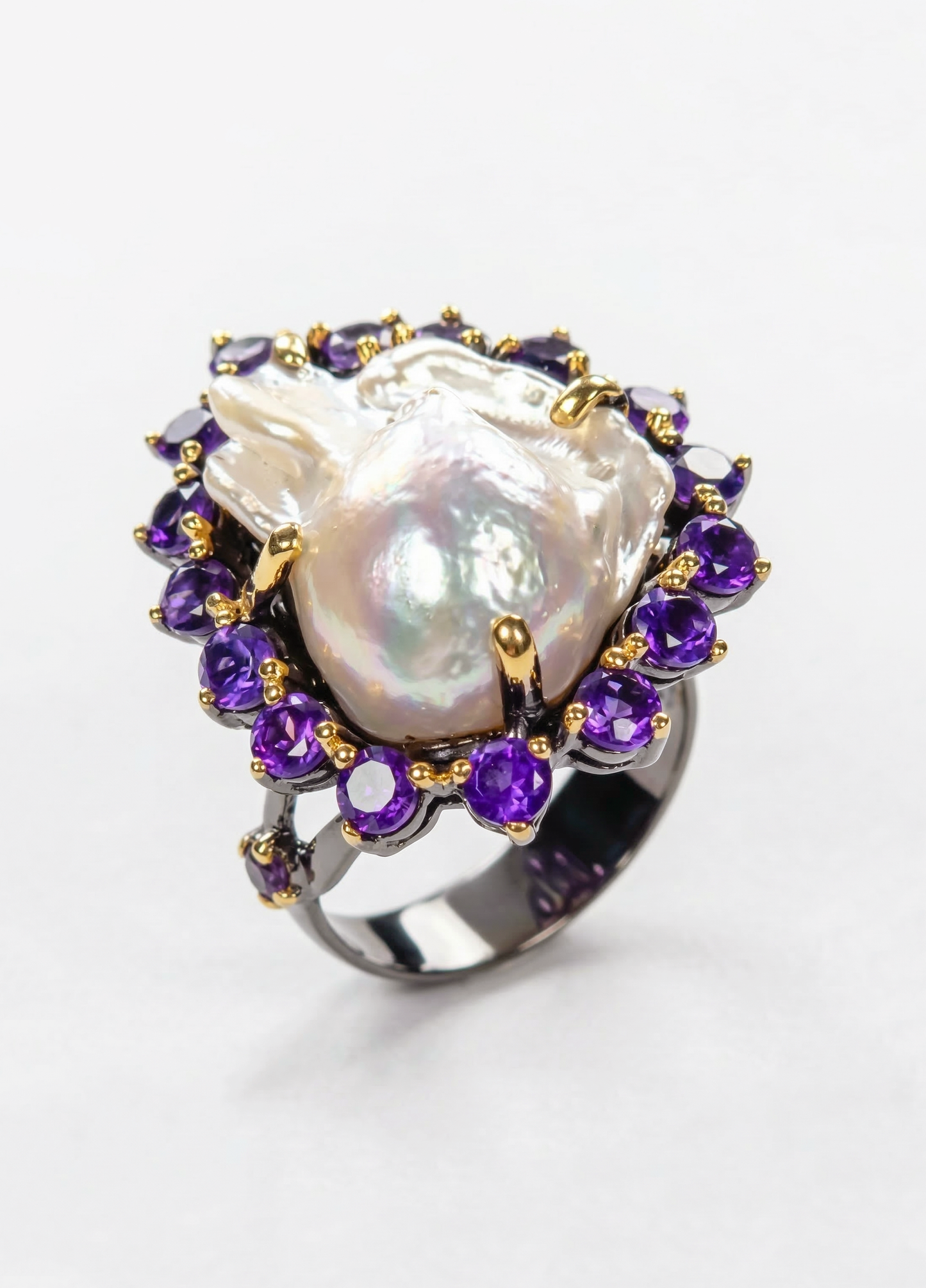 925 silver baroque pearl amethyst ring
