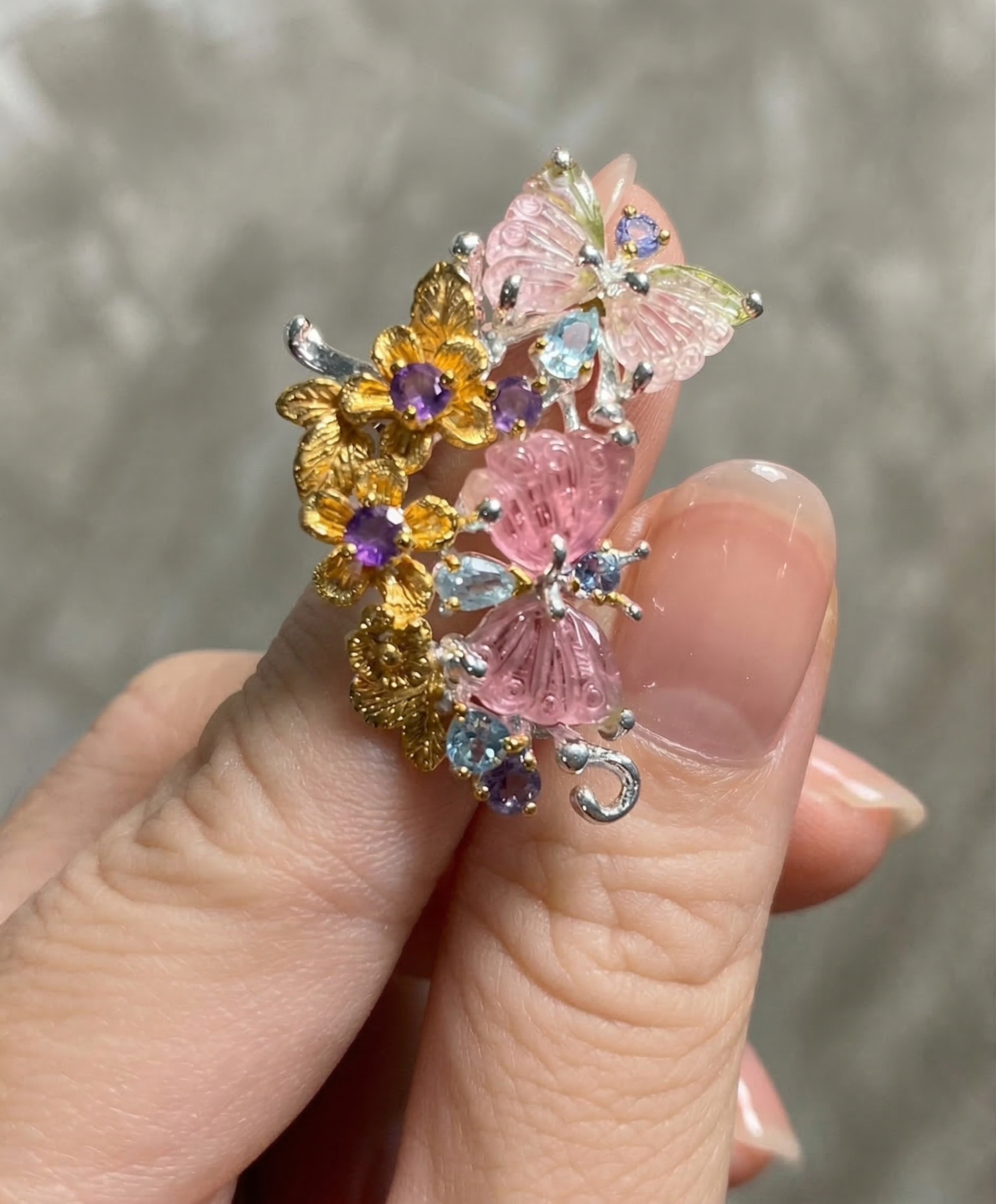 925 Sterling Silver Tourmaline Butterfly Ring, worn on hand
