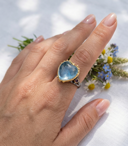 925 Sterling Silver Blue Heart Aquamarine Ring, alternate angle