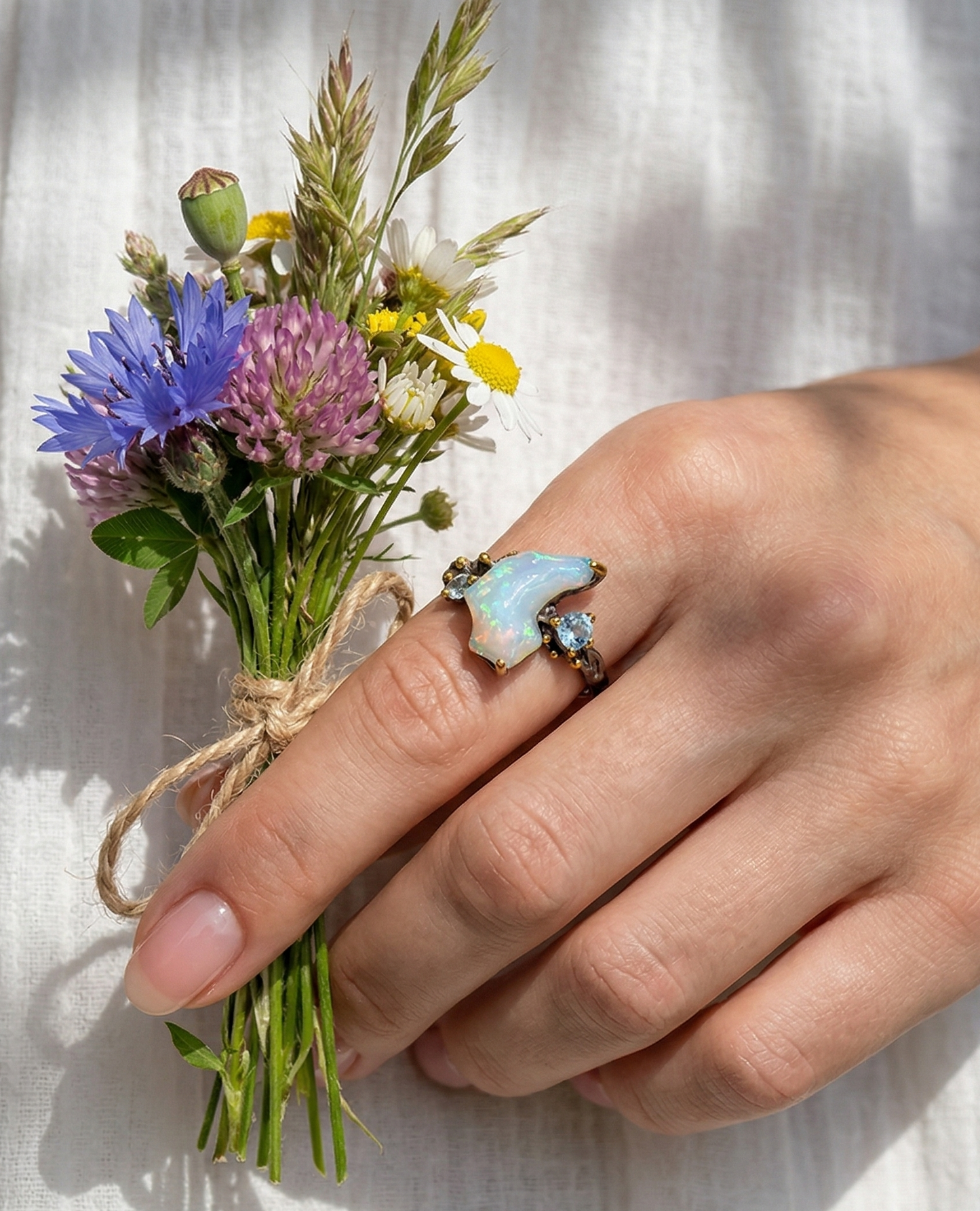 925 Silver Blue Raw Opal Ring, setting detail
