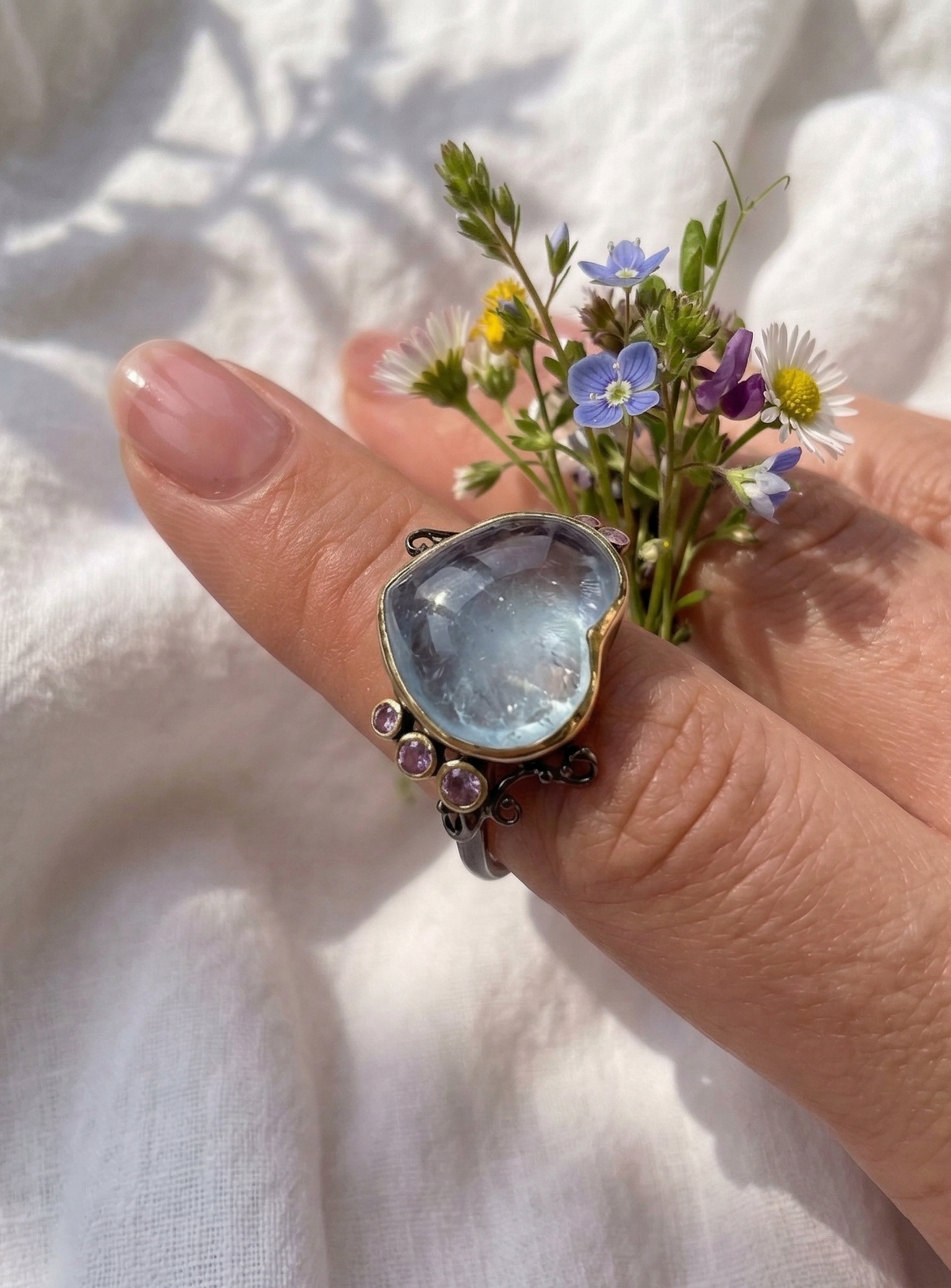 925 Sterling Silver Blue Aquamarine Ring, setting detail