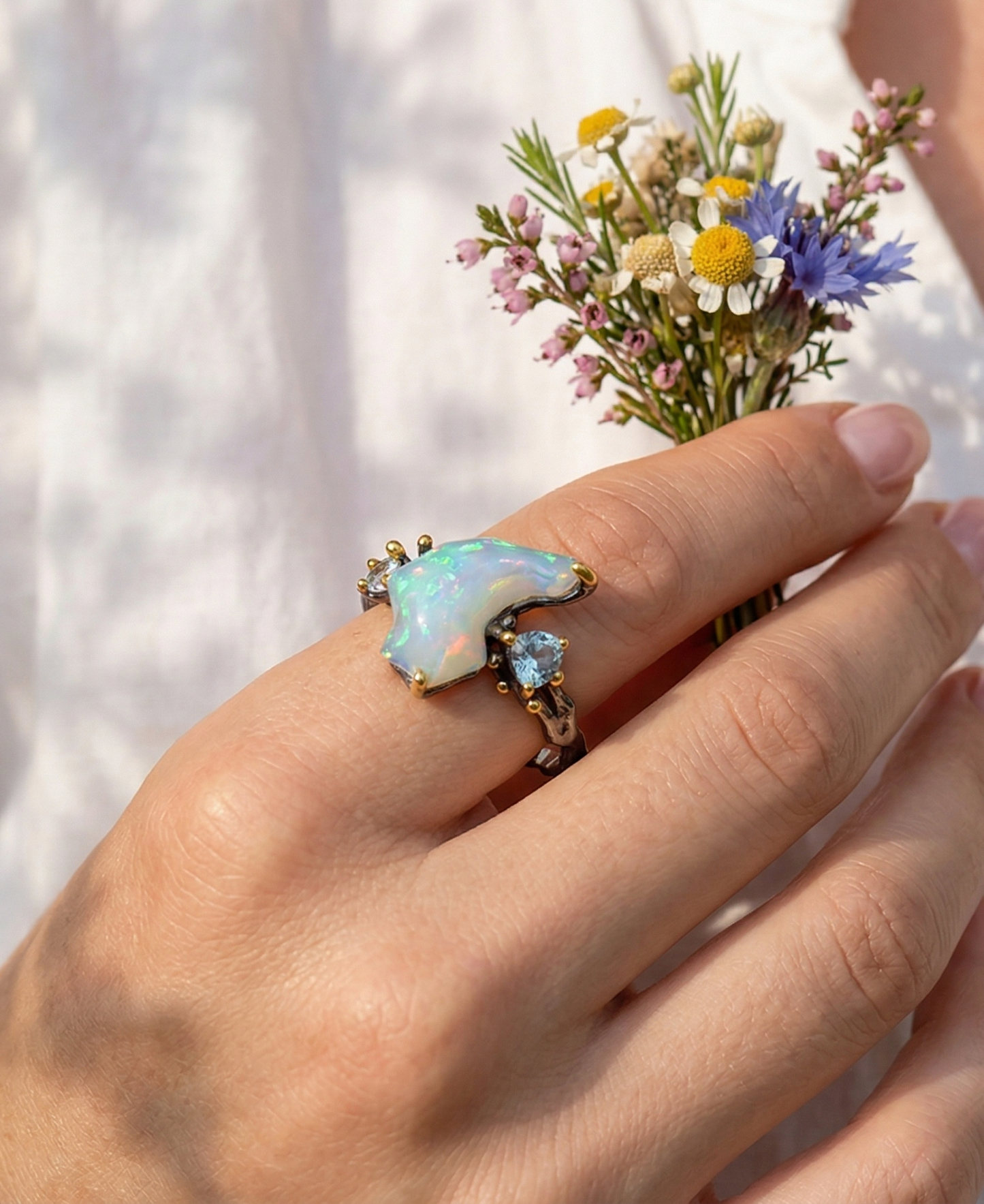 925 Silver Blue Raw Opal Ring, close-up detail