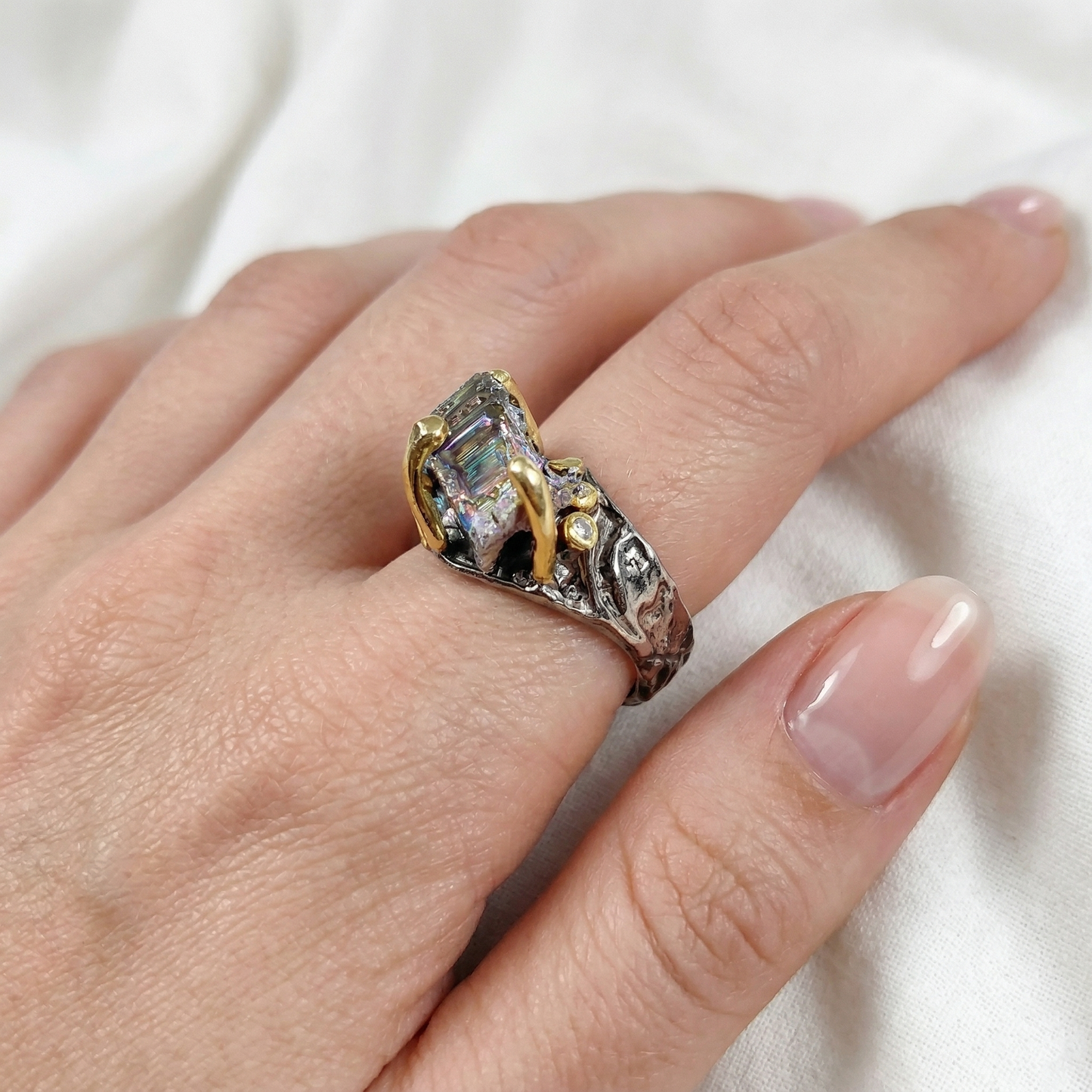 925 Sterling Silver Raw Bismuth Ring, close-up detail