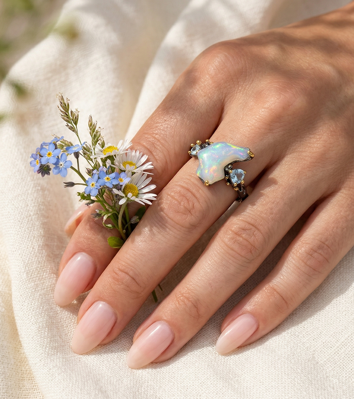 925 Silver Blue Raw Opal Ring, alternate angle