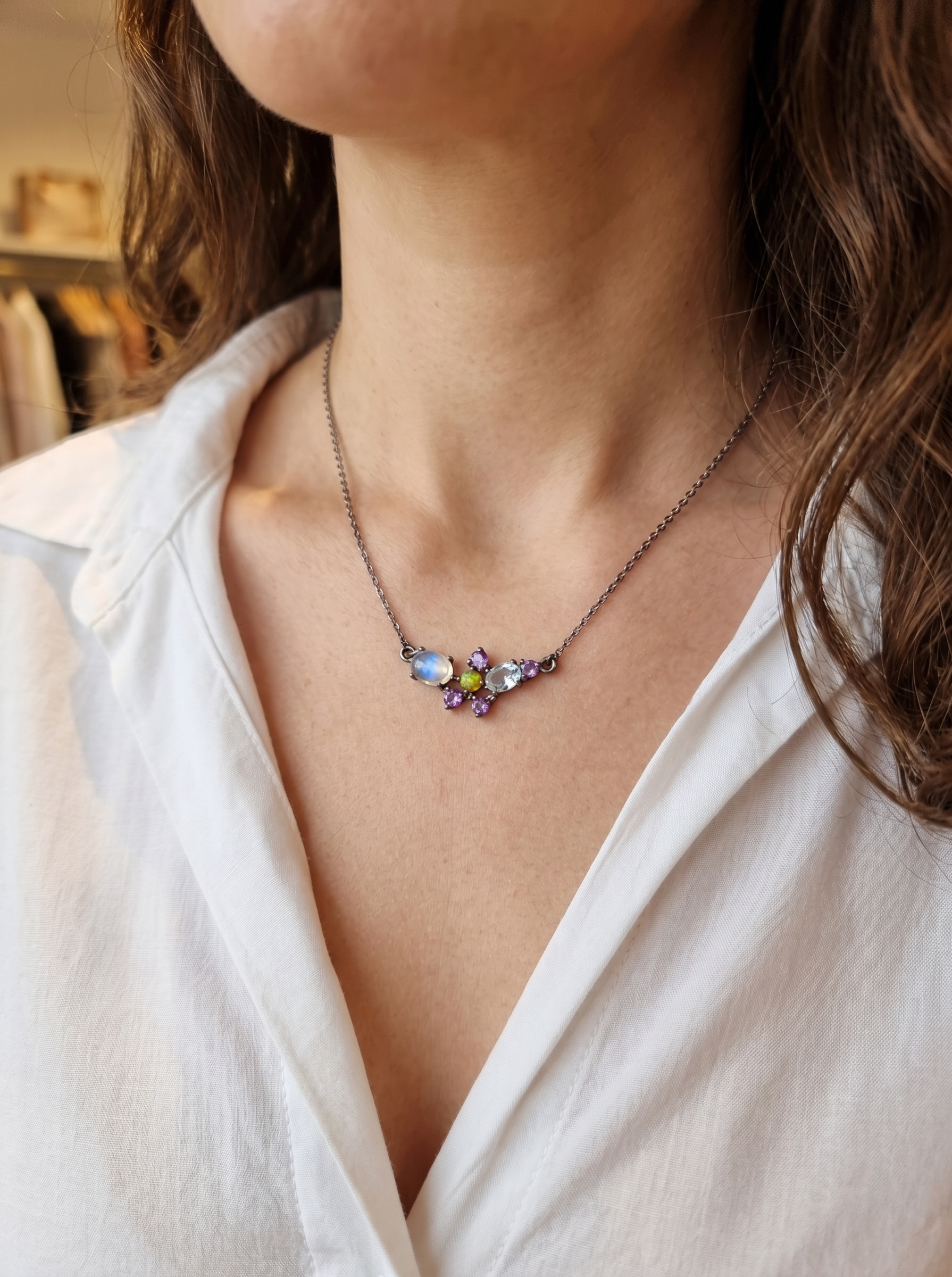 925 sterling silver cluster moonstone necklace, pendant detail