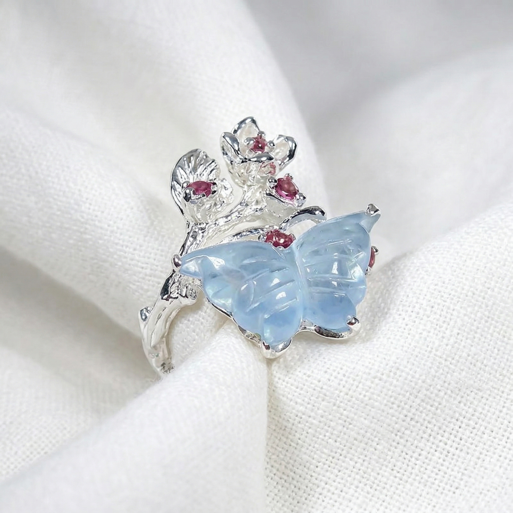 925 Sterling Silver Aquamarine Butterfly Ring, close-up detail