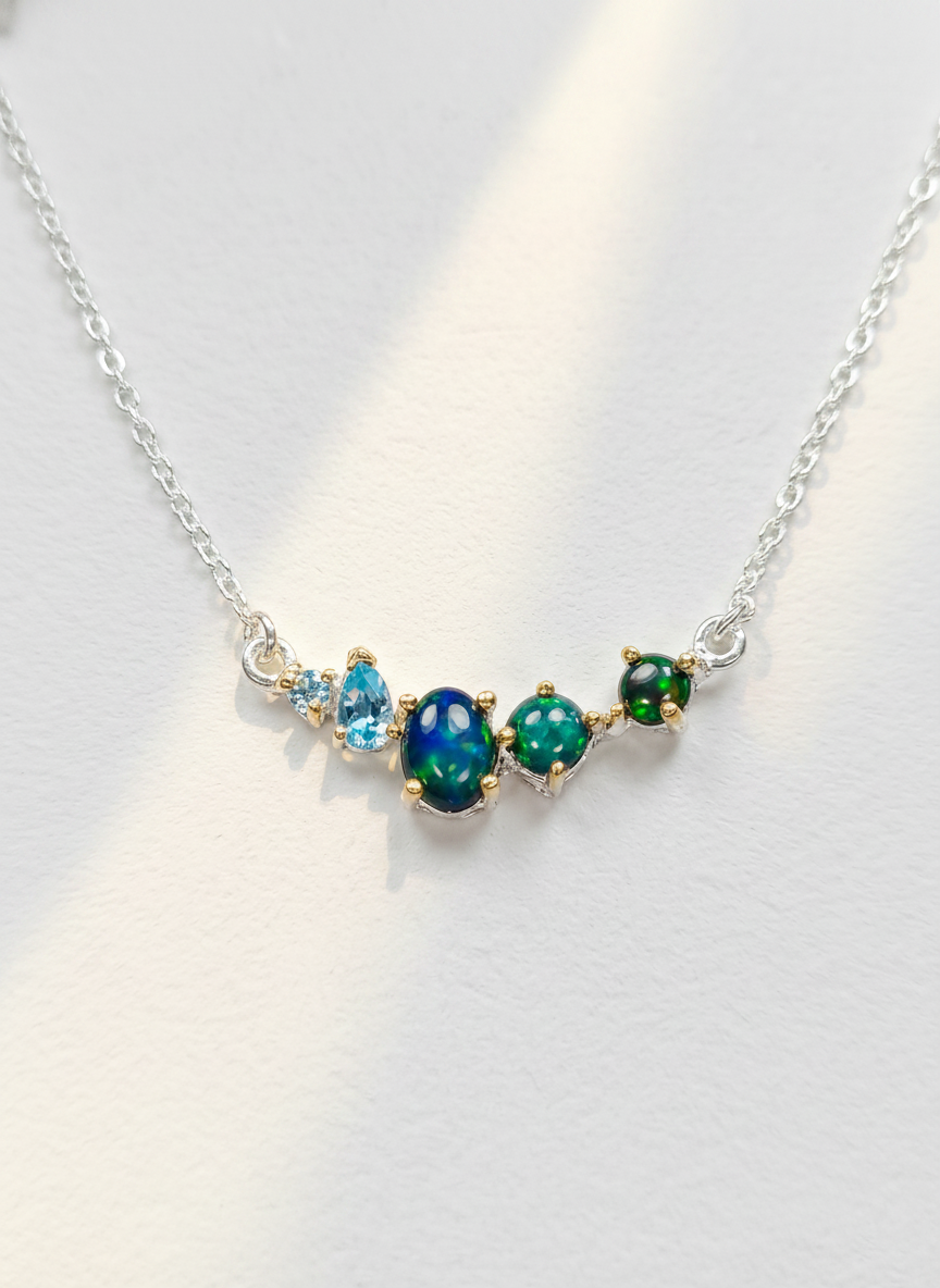 925 sterling silver cluster black opal necklace, layered look