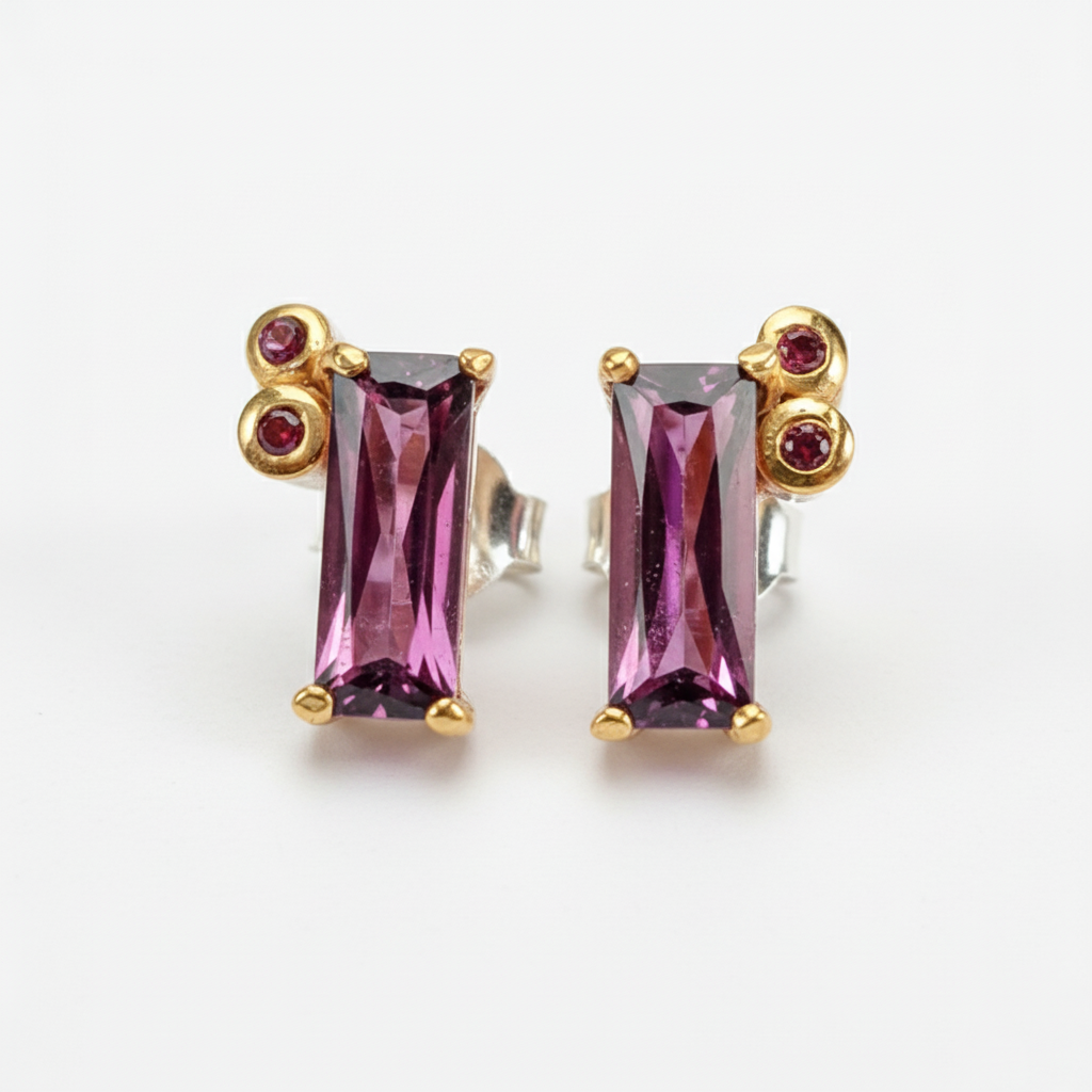 925 Silver Pink Baguette Garnet Earrings, side angle
