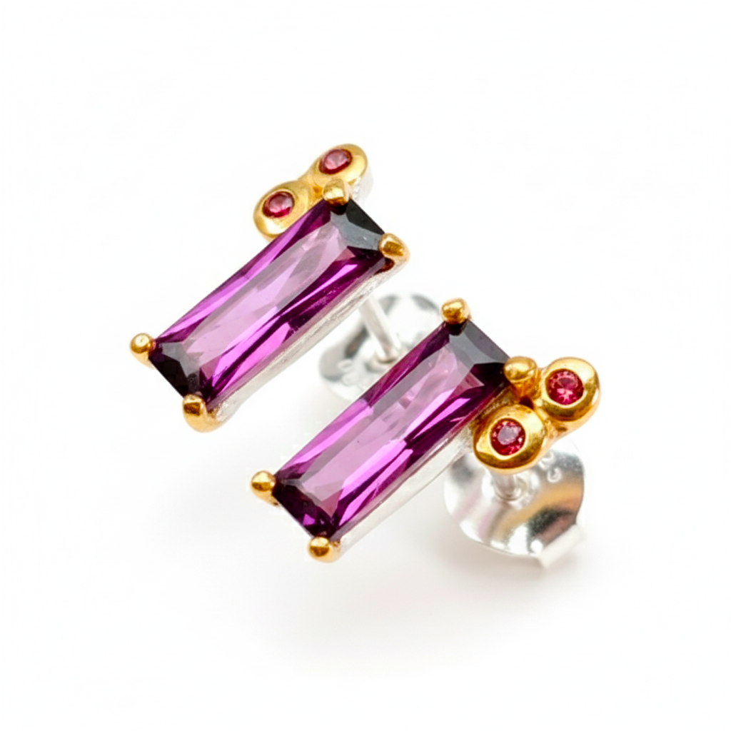 925 Silver Pink Baguette Garnet Earrings, alternate angle