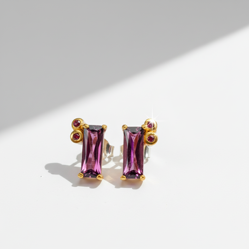 925 Silver Pink Baguette Garnet Earrings, stone or metal detail